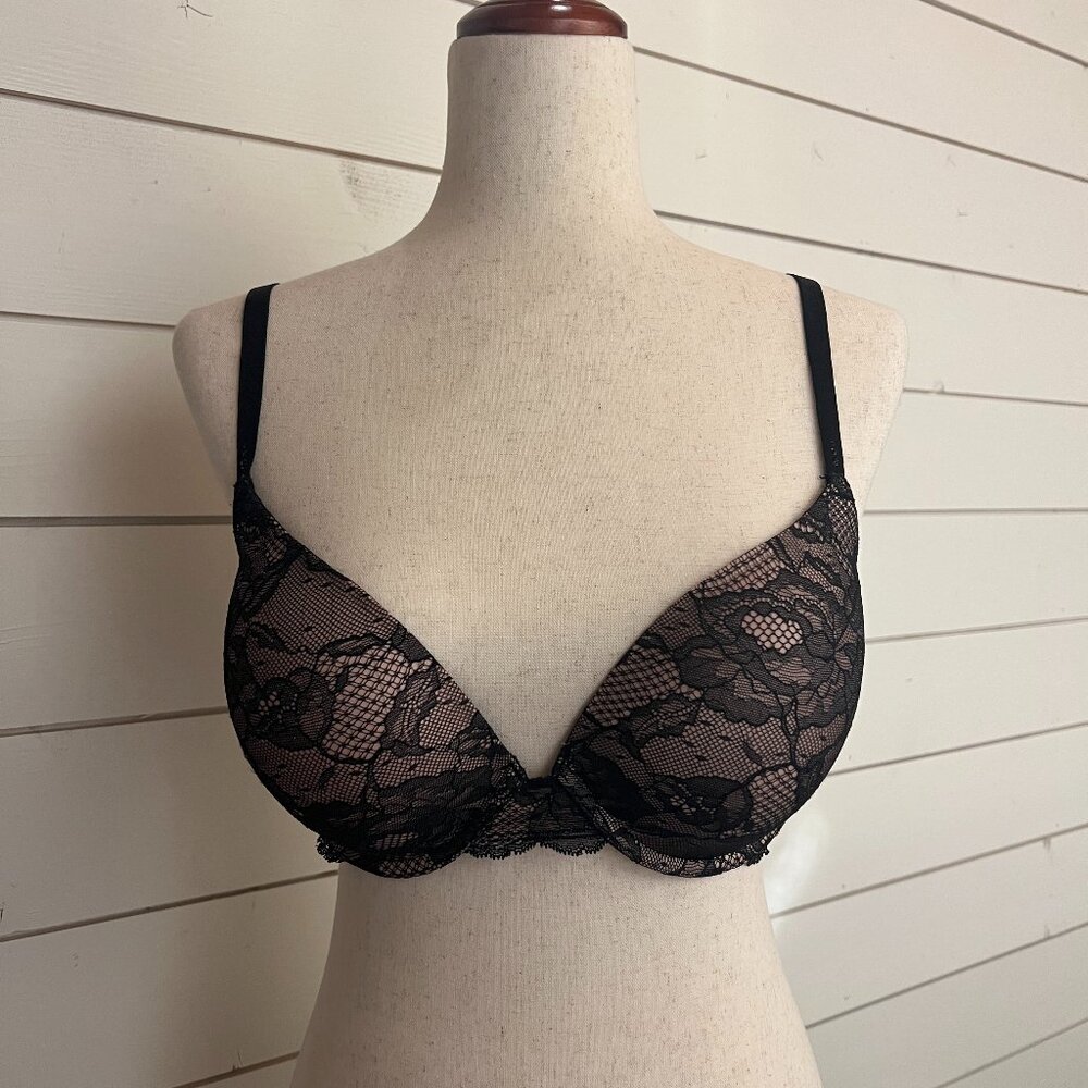 Victoria's Secret Bra Biofit Demi Up Lift Push Up Beige Black Lace 34 DD